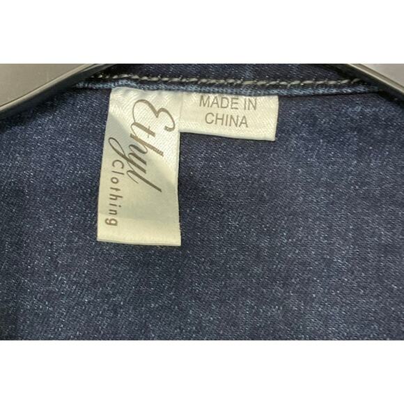 ETHYL Womens Denim Blue Open Front Jacket Plaid Raw Hem Duster Sz Large Pockets - Picture 6 of 7